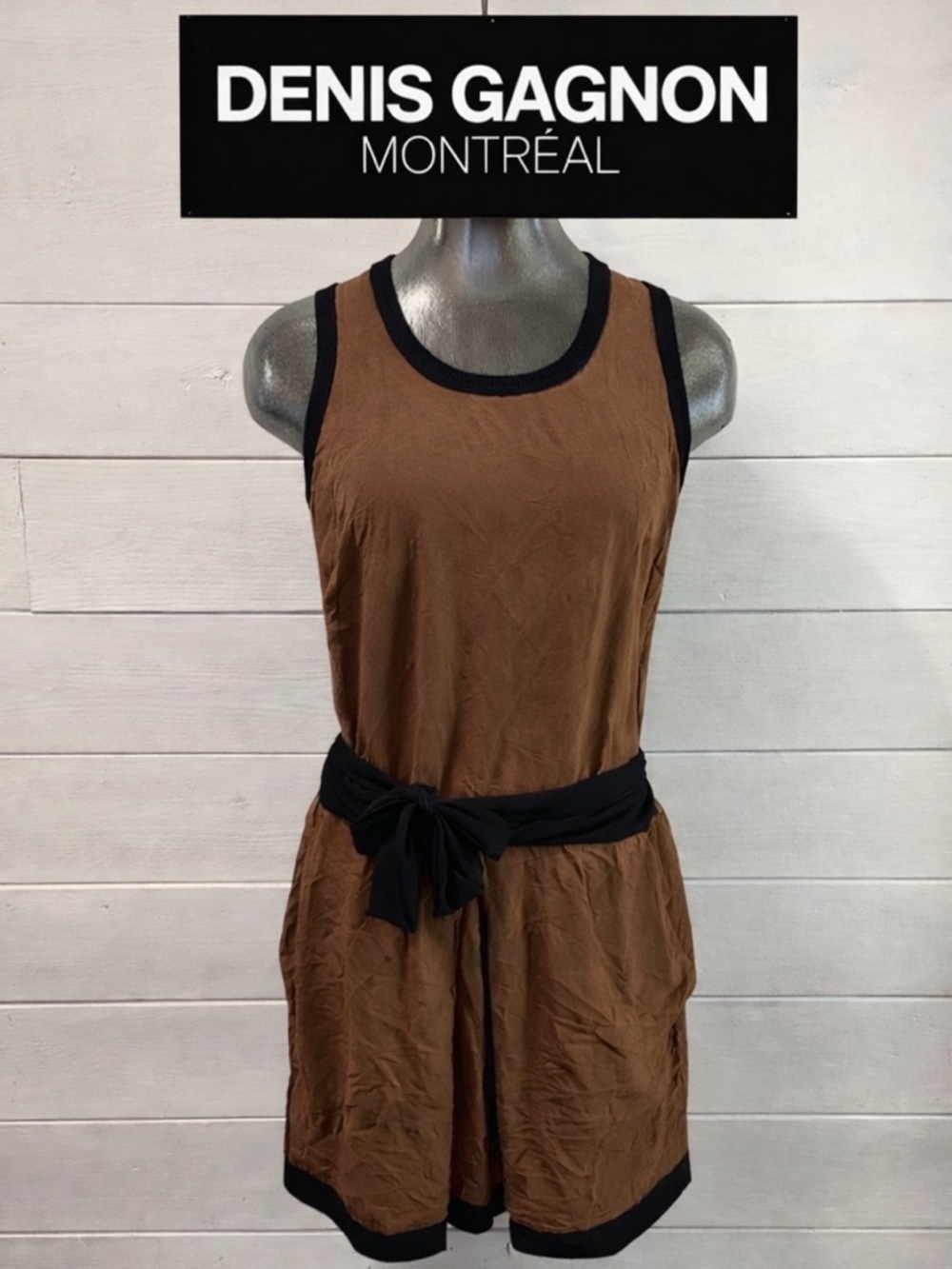DENIS GAGNON – Sleeveless Brown Dress with Black Trim – Size S